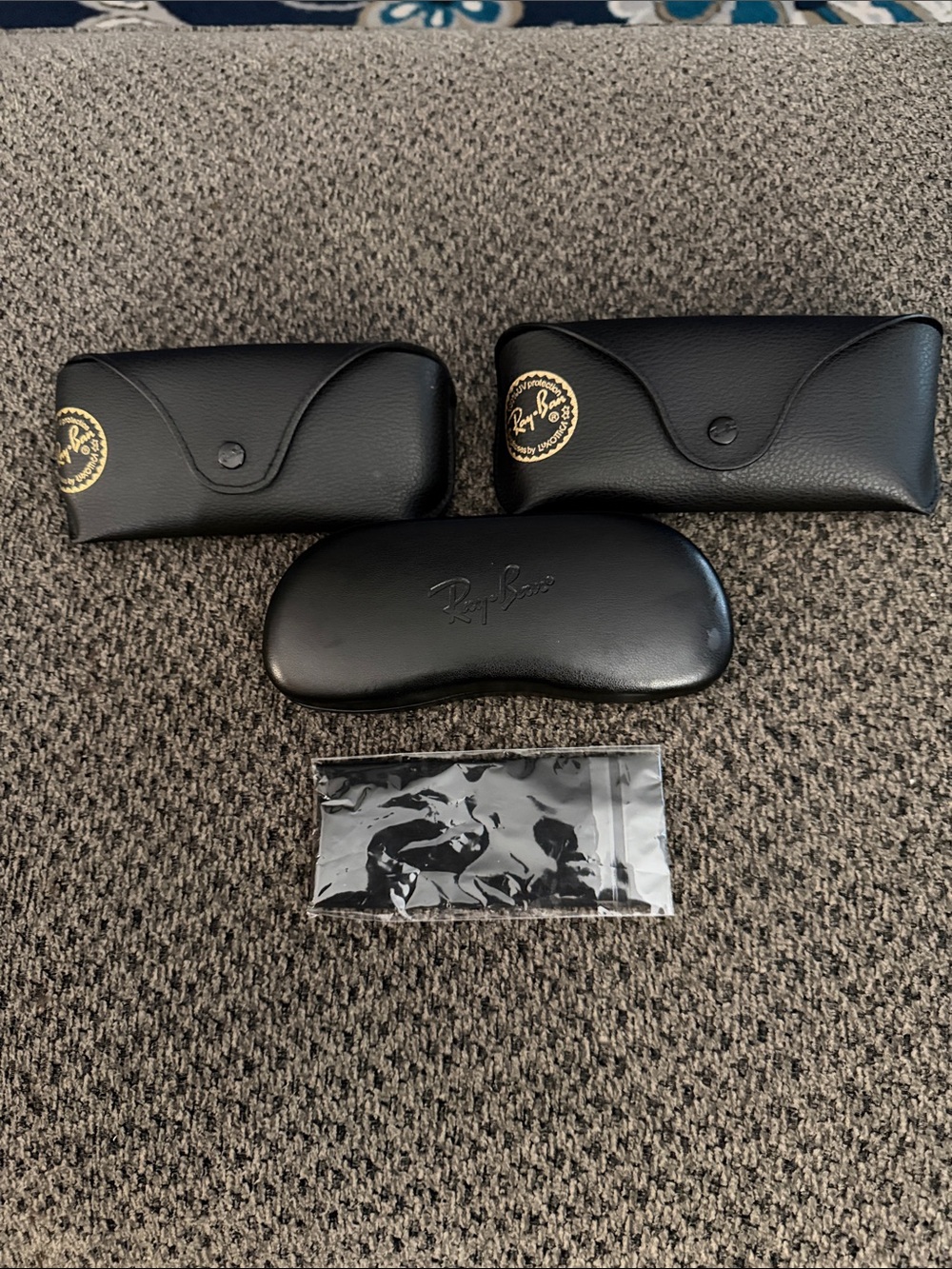 3 Ray-Ban Black Sunglass Cases with Gold Logo Accents and cleaning cloth